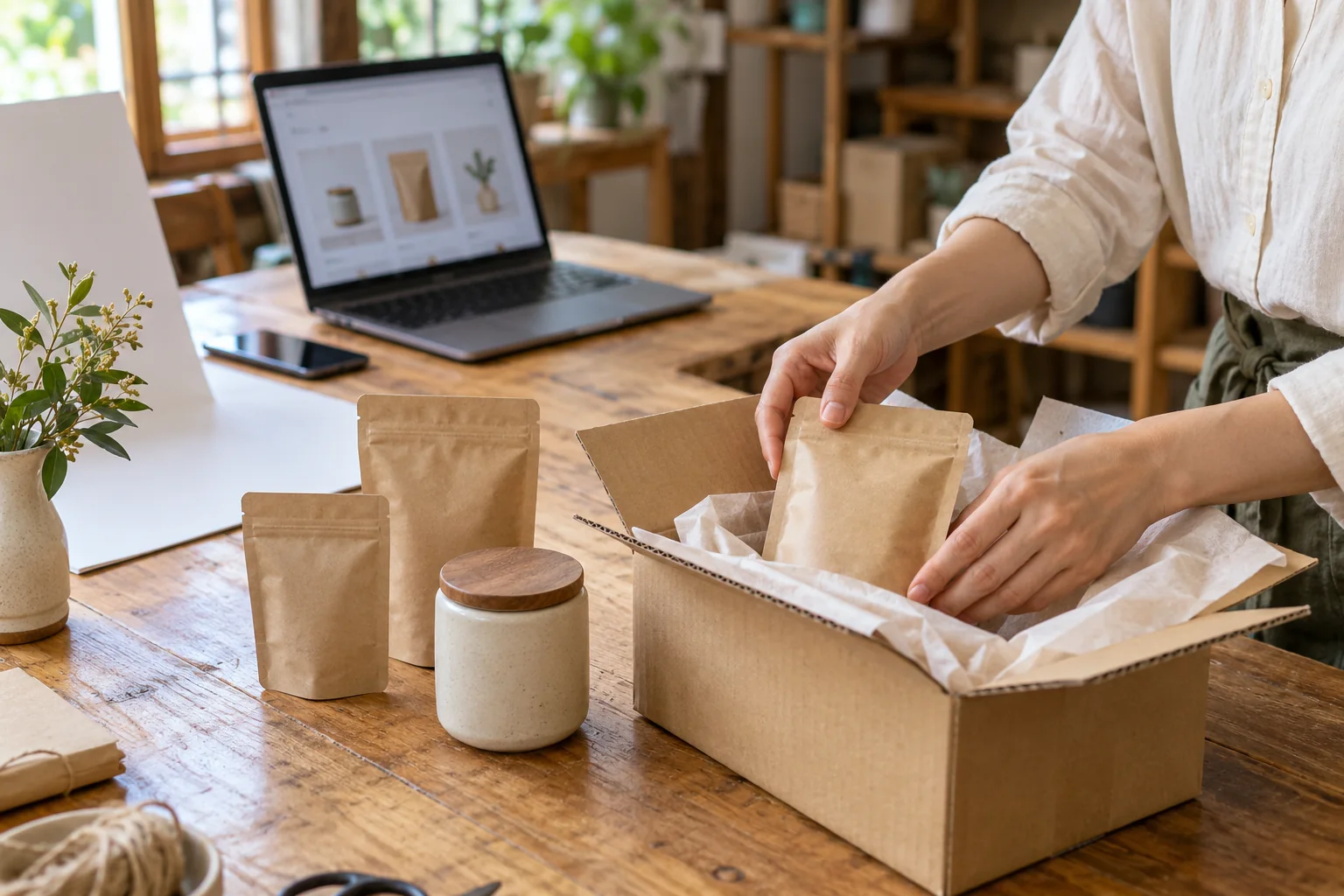 商品をネットで届けるために写真や梱包を準備するイメージ