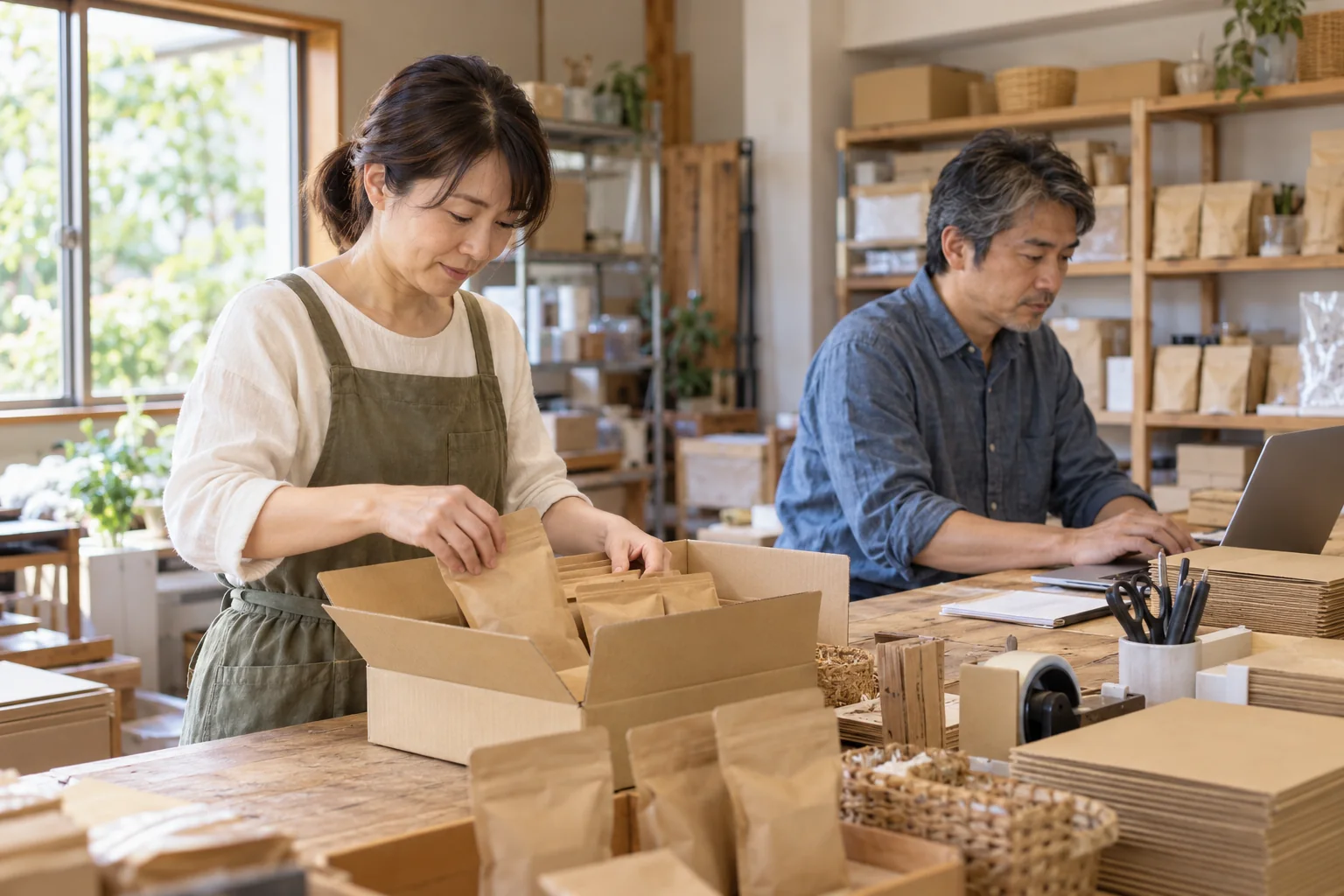 地域の小さな事業者が梱包とパソコン作業を進めるイメージ